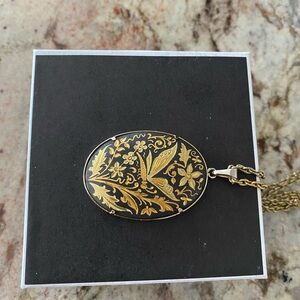 Large Vintage Toledo Spain Damascene Bird & Floral Pendant Necklace Gold Inlay